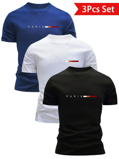Set da 3 T-shirt da uomo – Stampa moderna di Parigi, tempo libero e sport, manica corta, girocollo