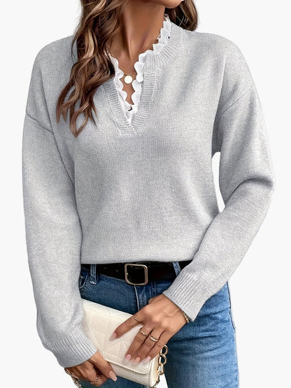 Dames elegante trui met V-hals en ruches kraag – Perfect voor dagelijks gebruik & kantoor