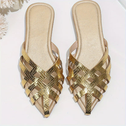 Damen Flat Mules mit spitzer Zehenpartie und geflochtenem Caged-Design – Elegante Slip-On Schuhe für Alltag und Abend