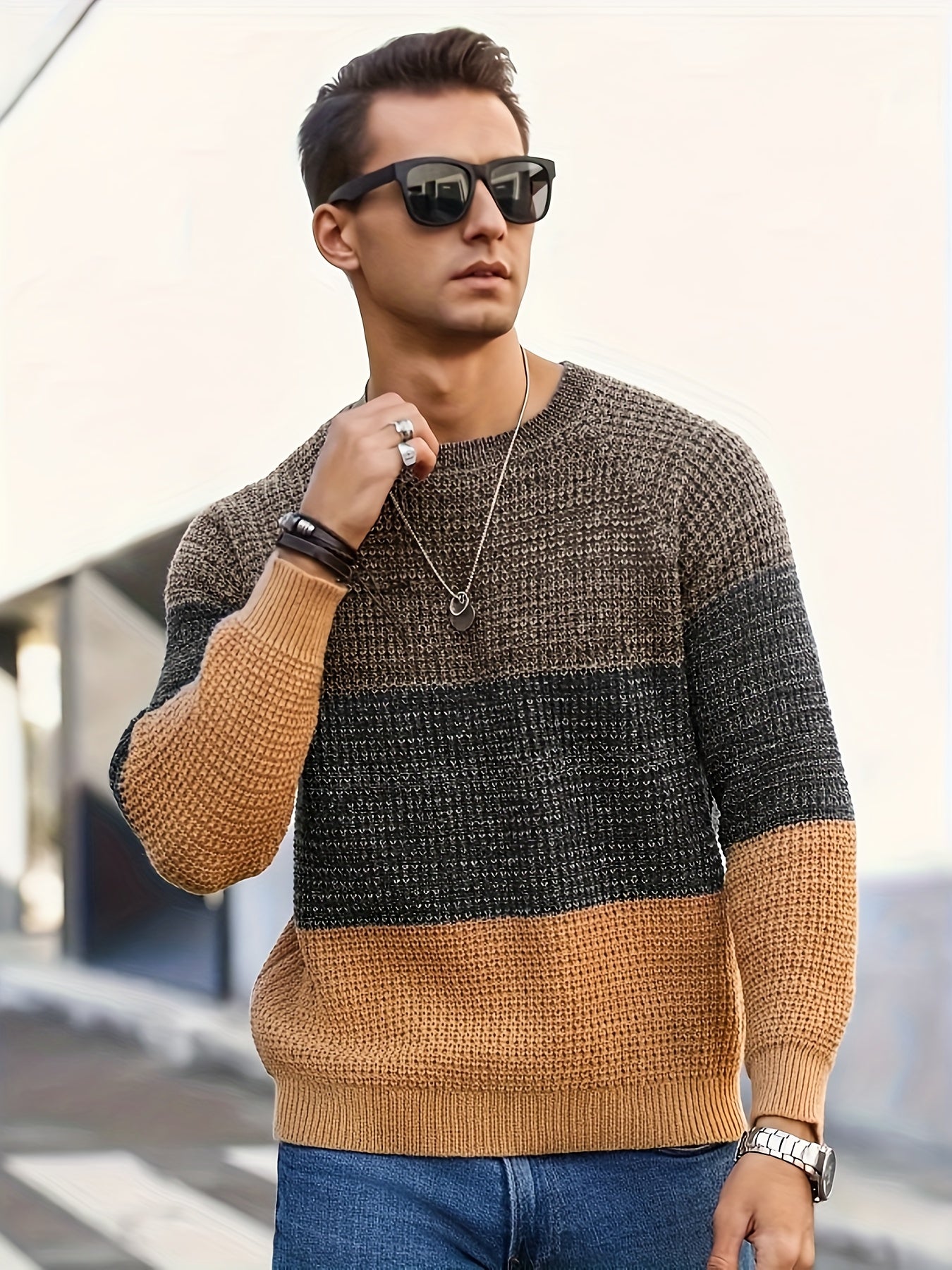 Herren Strickpullover Rundhals Mehrfarbig Gestreift Strukturstrick