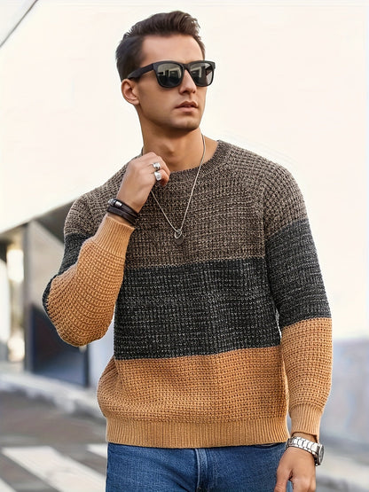 Herren Strickpullover Rundhals Mehrfarbig Gestreift Strukturstrick