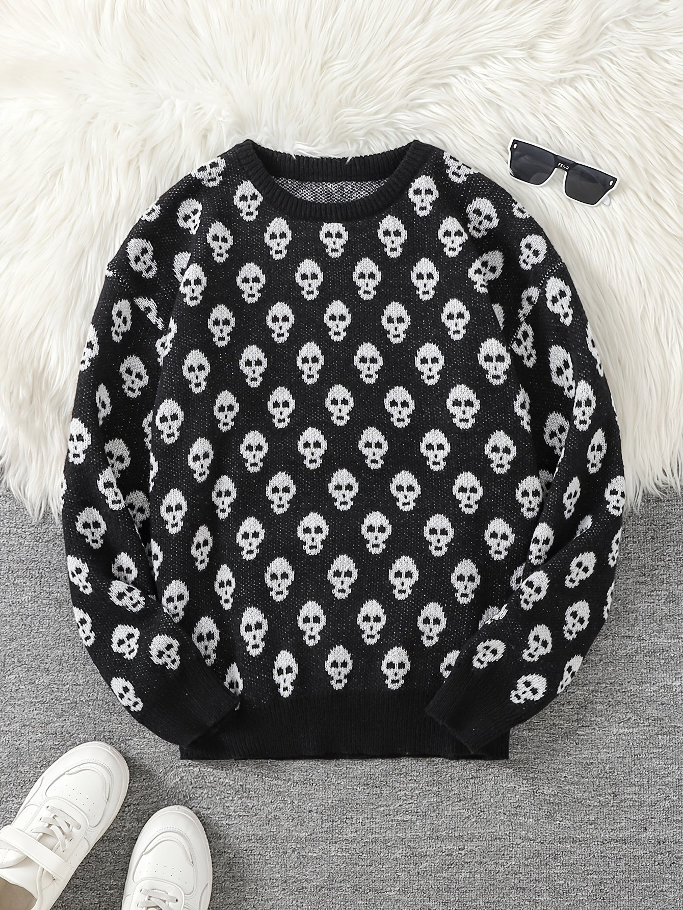 Jersey de punto unisex con cuello redondo, estampado de calavera y manga larga