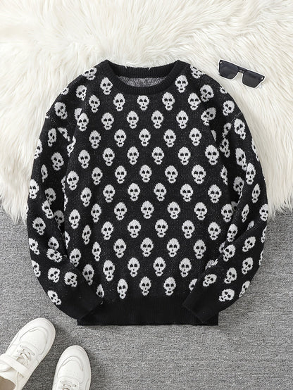 Jersey de punto unisex con cuello redondo, estampado de calavera y manga larga