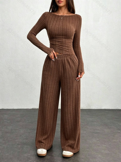 Completo loungewear a coste da donna, top corto a maniche lunghe e pantaloni ampi, grigio