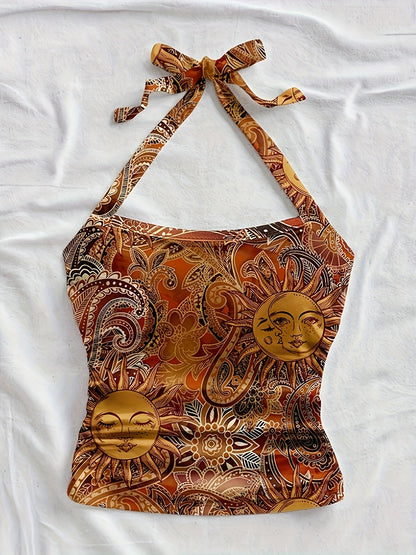 Damski vintage top na szyję z motywem słońca – letni festiwalowy styl boho