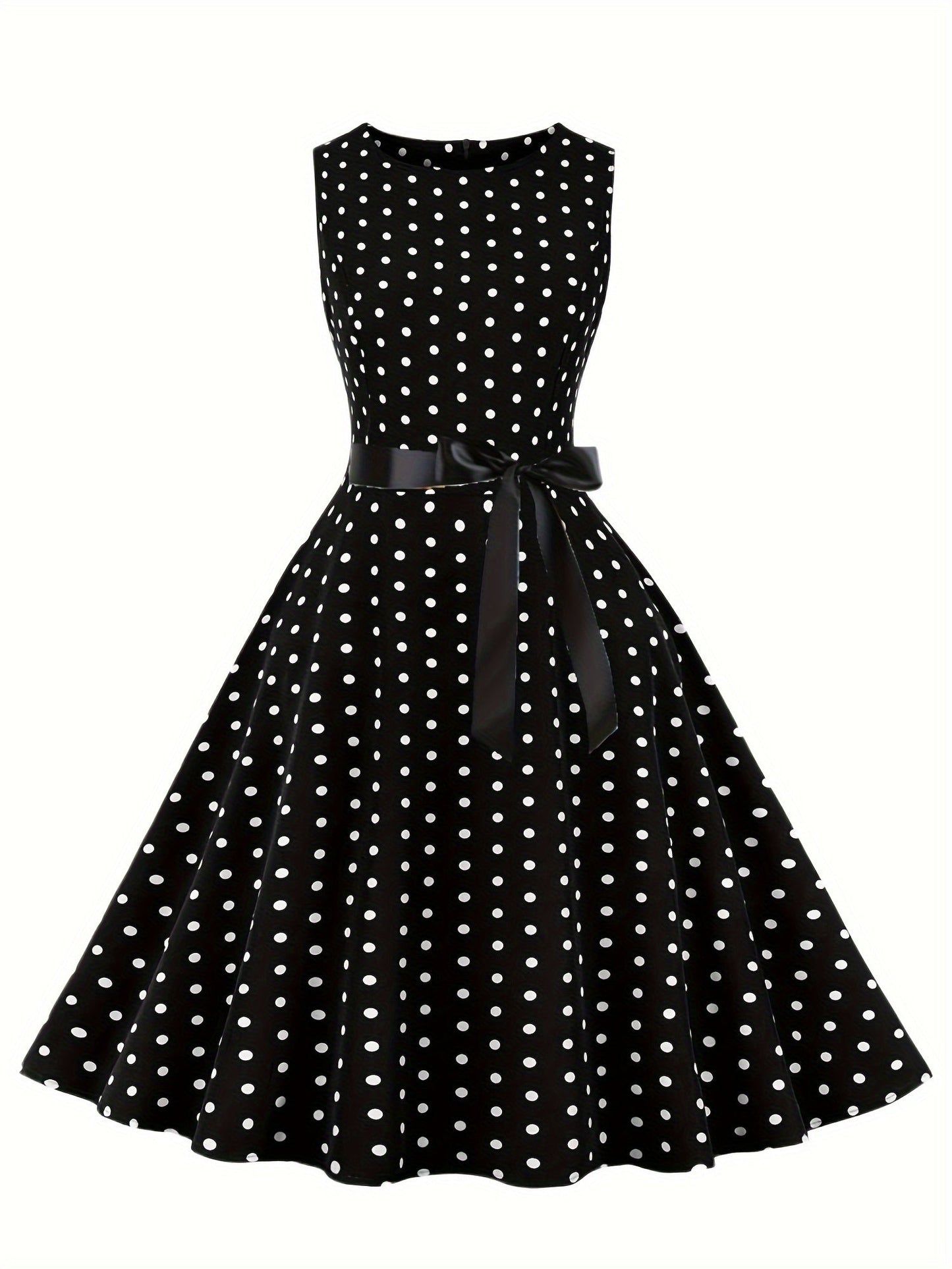 Damen Vintage Polka Dot Fit & Flare Partykleid mit Gürtel, ärmellos, Retro Sommerkleid