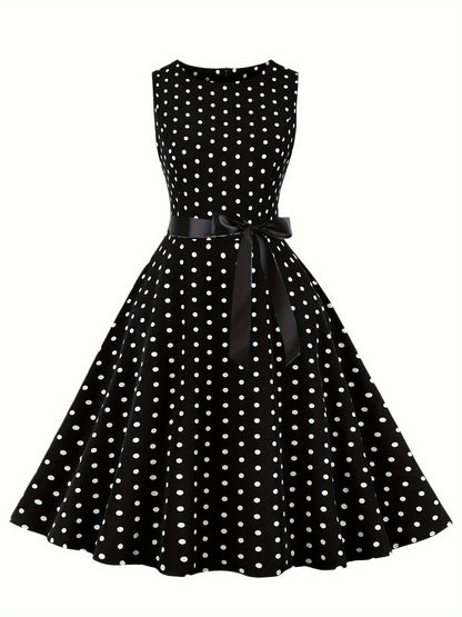 Damen Vintage Polka Dot Fit & Flare Partykleid mit Gürtel, ärmellos, Retro Sommerkleid
