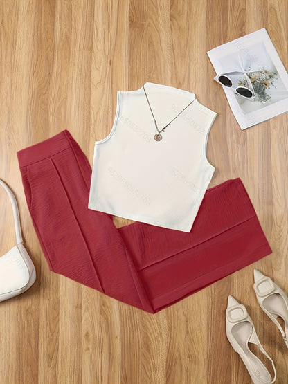Set elegante da donna – Top senza maniche con collo alto e pantaloni ampi per primavera ed estate