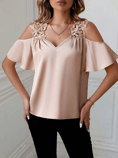 Damen Schulterfreie Bluse mit Spitzen-Detail und Flatterärmeln – Eleganter Alltags- und Ausgehstil