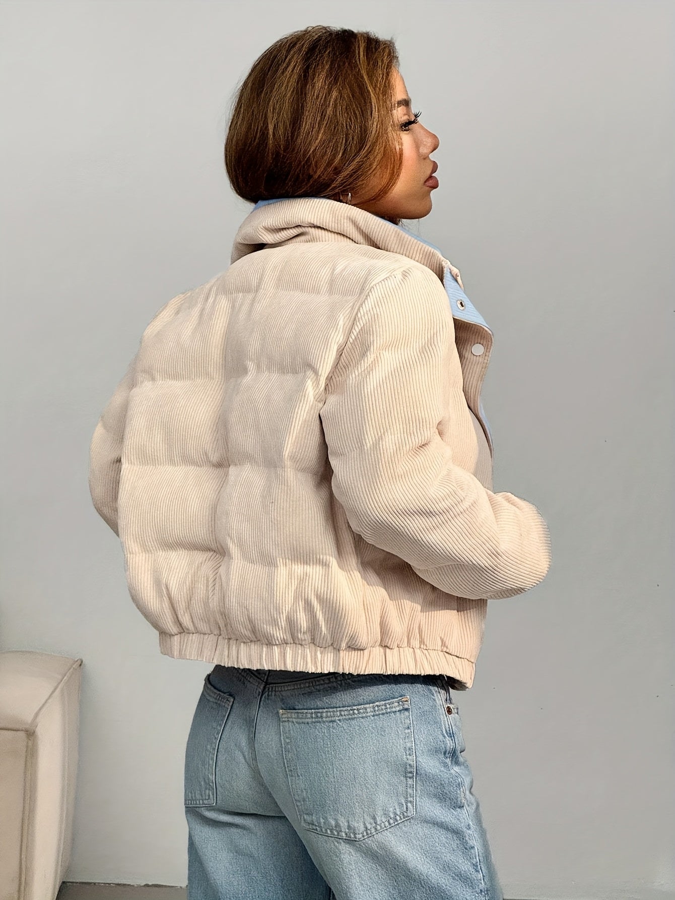 Cord Steppjacke Beige mit Rosa Kragen Damen Kurz