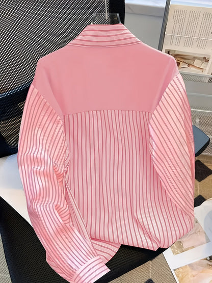 Camisa de rayas para mujer con cuello anudado en rosa