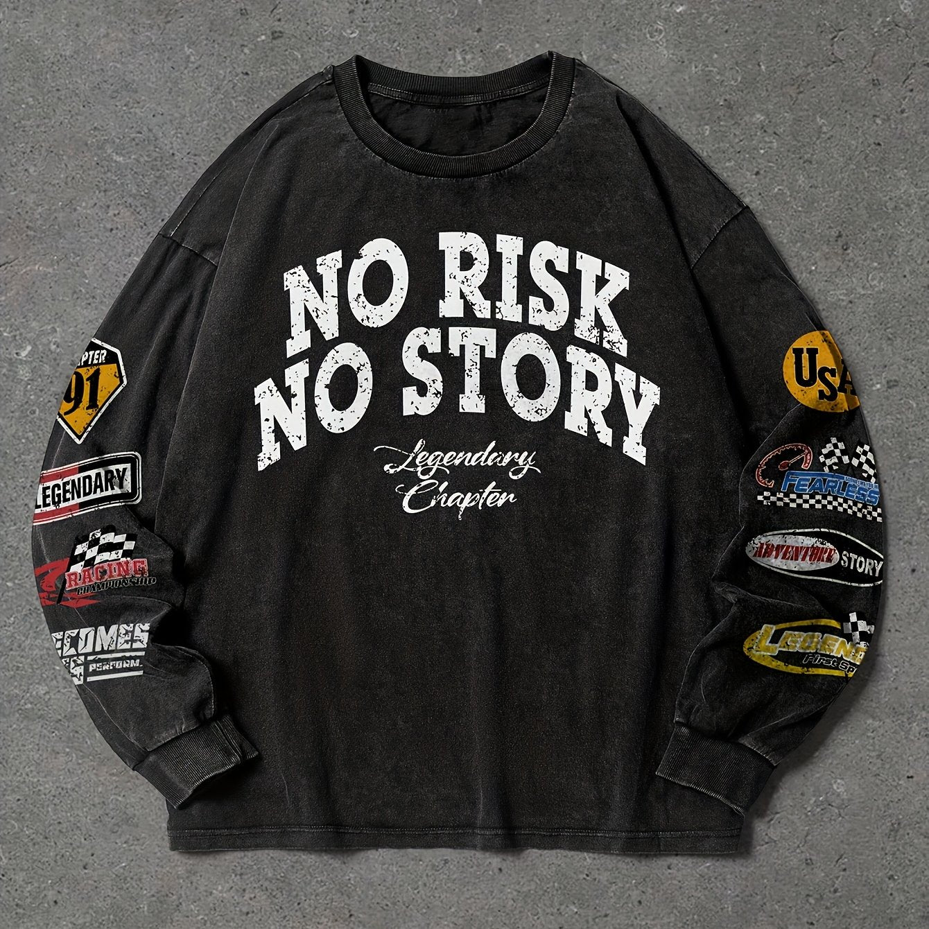 Unisex Langarmshirt Schwarz mit Patches & Print "No Risk No Story"