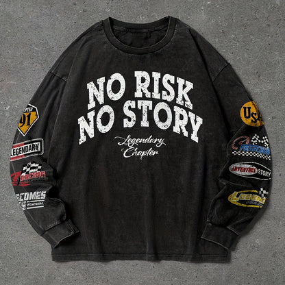 Unisex Langarmshirt Schwarz mit Patches & Print "No Risk No Story"