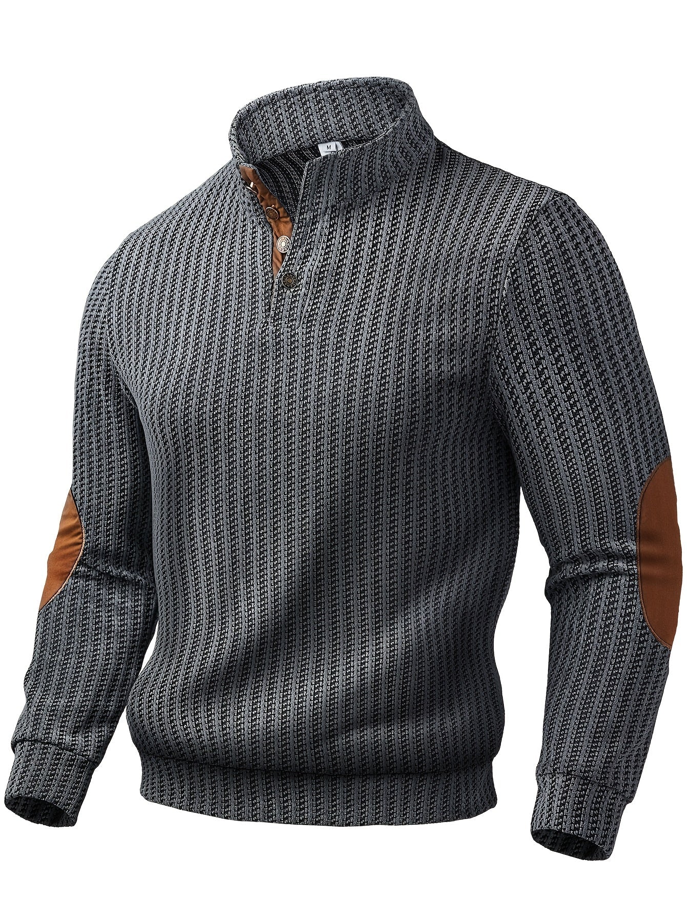 Herren Strickpullover Mock-Neck mit Knopfleiste Ellbogen-Patches Gerippt