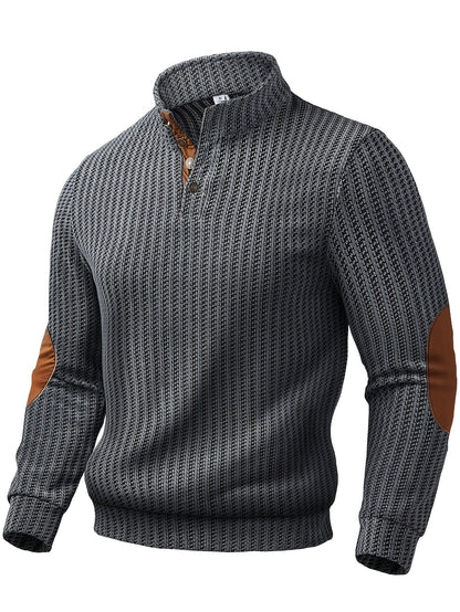 Herren Strickpullover Mock-Neck mit Knopfleiste Ellbogen-Patches Gerippt