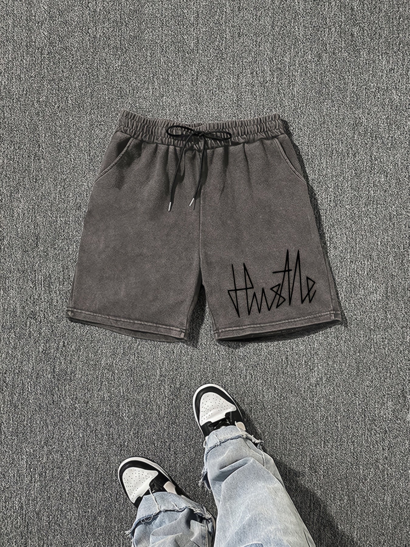 Męskie szorty streetwear z nadrukiem „Hustle” – luźne szorty dresowe na co dzień i na czas wolny