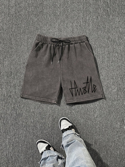 Męskie szorty streetwear z nadrukiem „Hustle” – luźne szorty dresowe na co dzień i na czas wolny