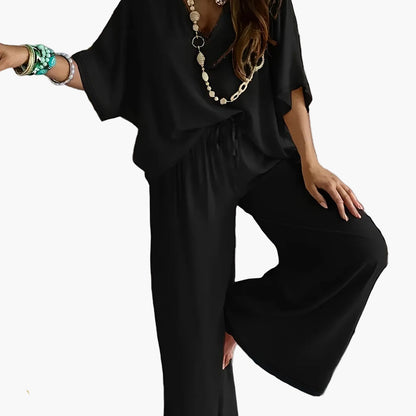 Damen Jumpsuit mit weitem Bein und V-Ausschnitt – Eleganter Freizeit Overall für Frühling und Sommer