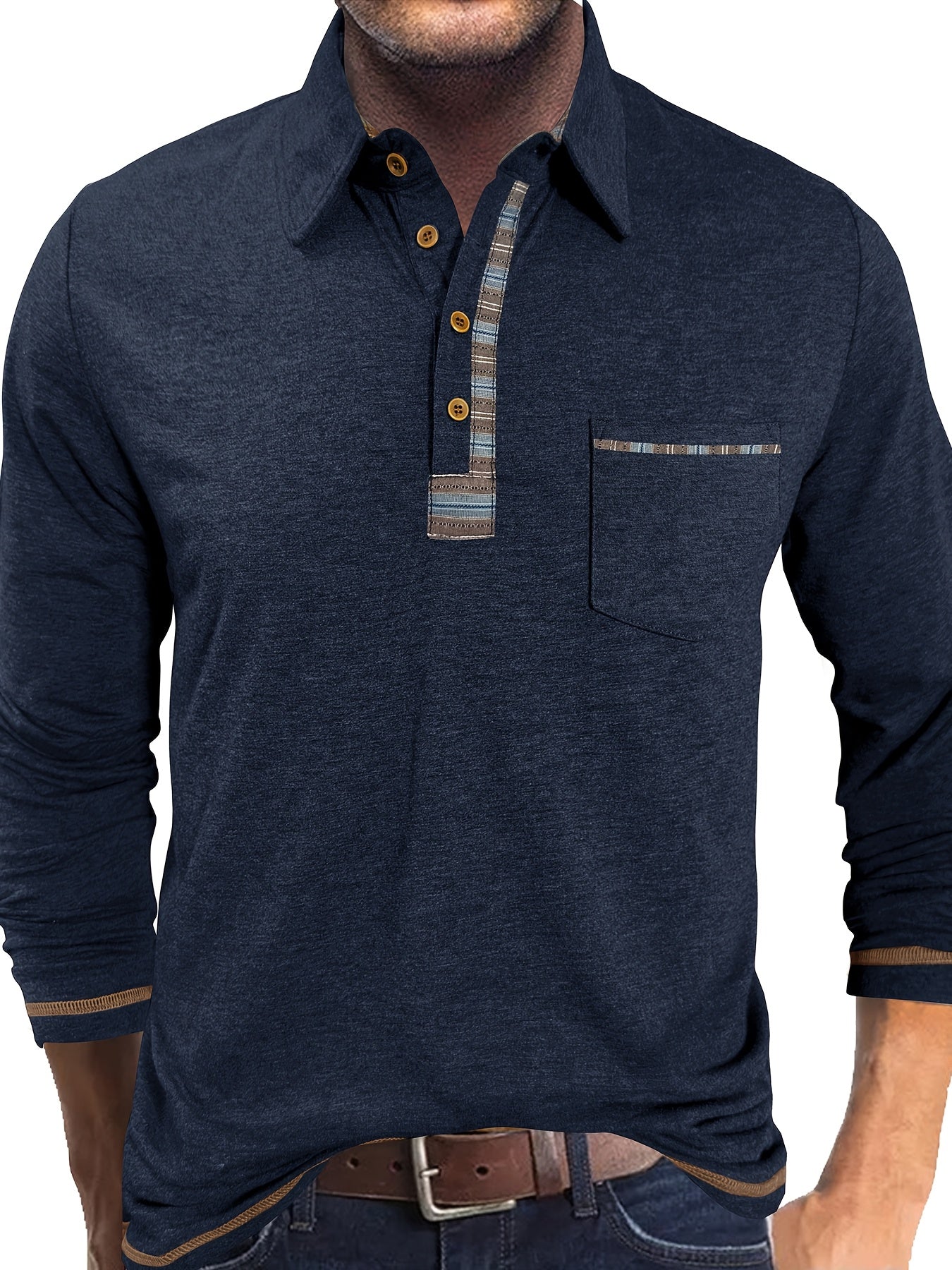Herren Langarm Poloshirt mit Knopfleiste und Brusttasche
