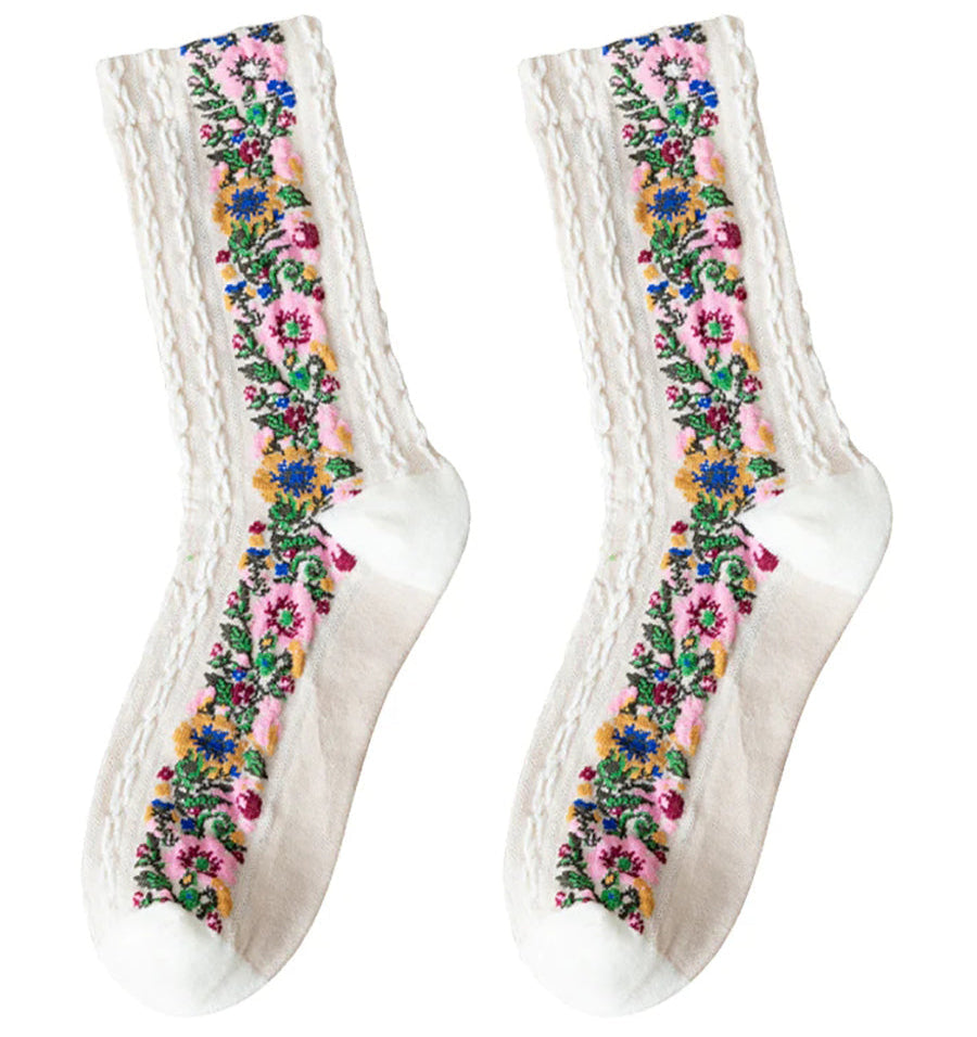 Damen Socken mit floraler Jacquard-Stickerei – Vintage Stil, modisches Accessoire für jeden Anlass