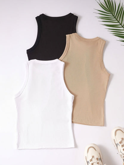 Damskie sportowe basic tank topy w zestawie 3 sztuk – bezrękawniki, wygodne koszulki na co dzień z okrągłym dekoltem