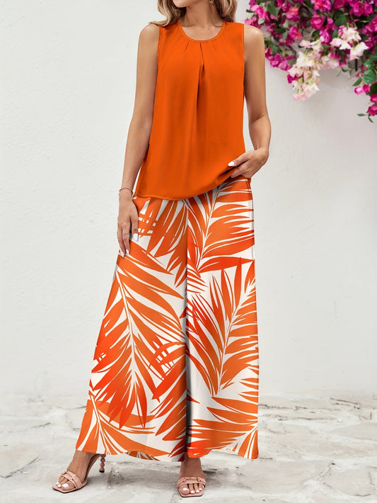 Conjunto de verano para mujer de dos piezas – Top sin mangas y pantalón ancho con estampado de palmeras – Casual elegante para el día a día y vacaciones