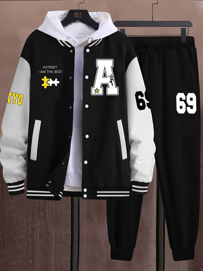 Heren-trainingspak voor honkbal – jack en joggingbroek met applicaties in collegestijl