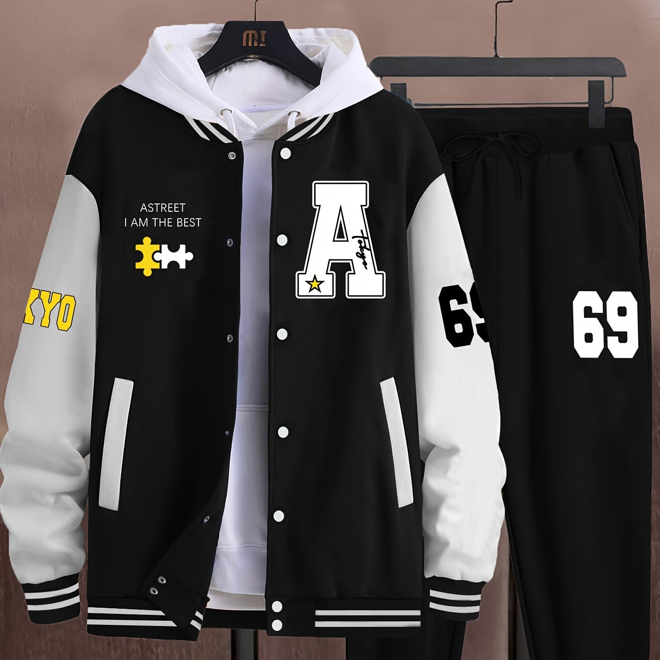 Heren-trainingspak voor honkbal – jack en joggingbroek met applicaties in collegestijl