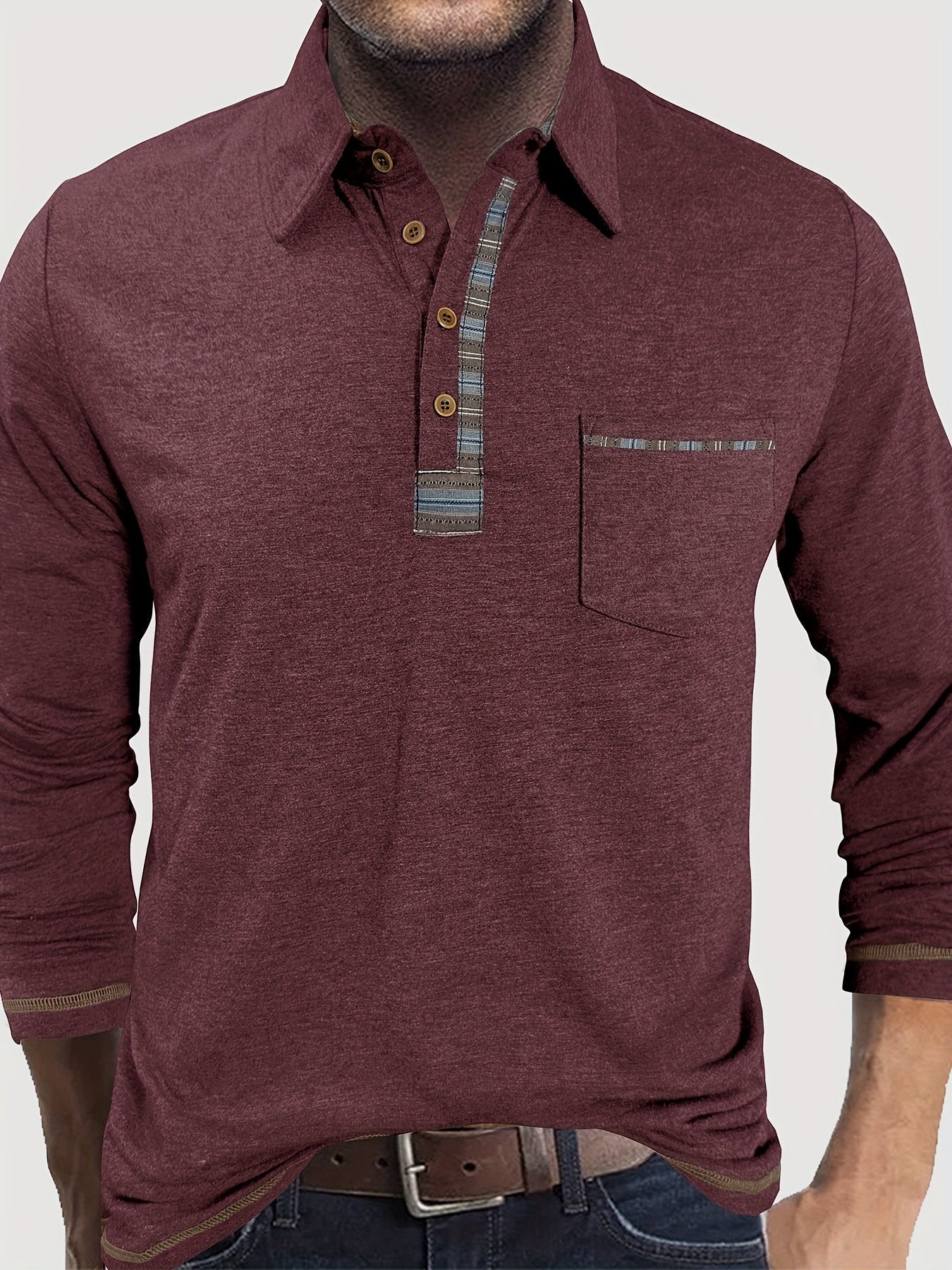 Herren Langarm Poloshirt mit Knopfleiste und Brusttasche