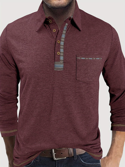 Herren Langarm Poloshirt mit Knopfleiste und Brusttasche