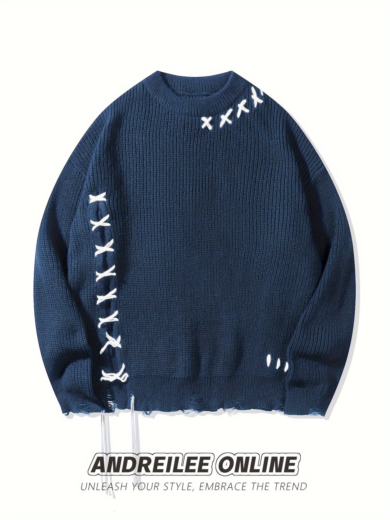 Unisex Strickpullover mit Kreuzstich-Detail und zerrissenem Saum