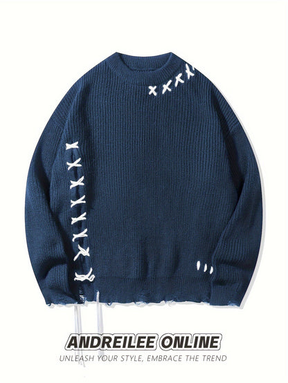 Unisex Strickpullover mit Kreuzstich-Detail und zerrissenem Saum