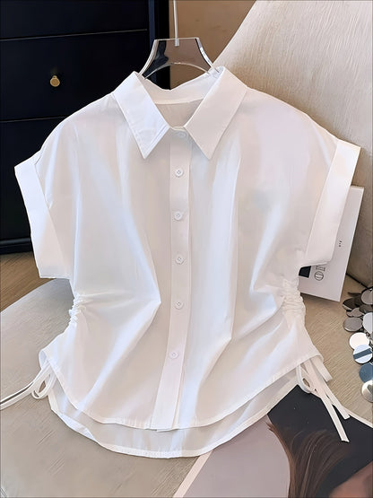 Damen Kurzarm Hemdbluse mit Kordelzug und modernem Schnitt – Business & Freizeit