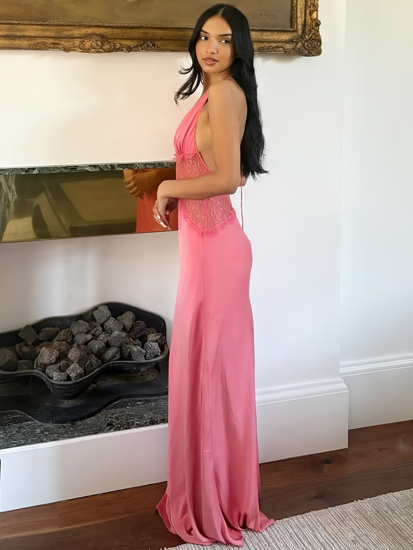 Vestido de noche elegante para mujer, corte ajustado y acampanado con encaje y escote en V profundo para ocasiones festivas