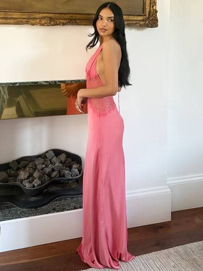 Vestido de noche elegante para mujer, corte ajustado y acampanado con encaje y escote en V profundo para ocasiones festivas