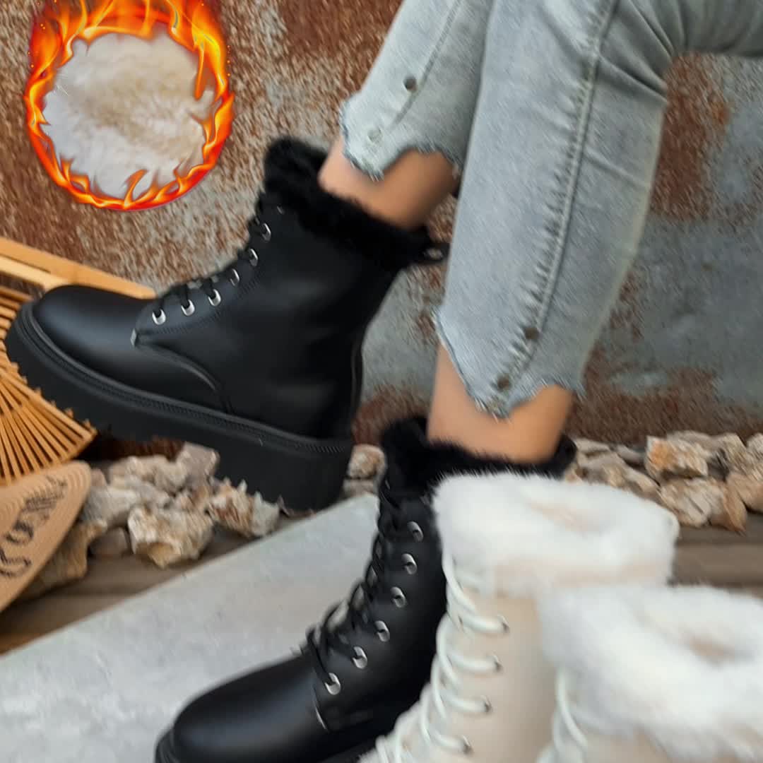 Damen Worker Boots mit Fellfutter & klobiger Sohle – Schnürstiefelette