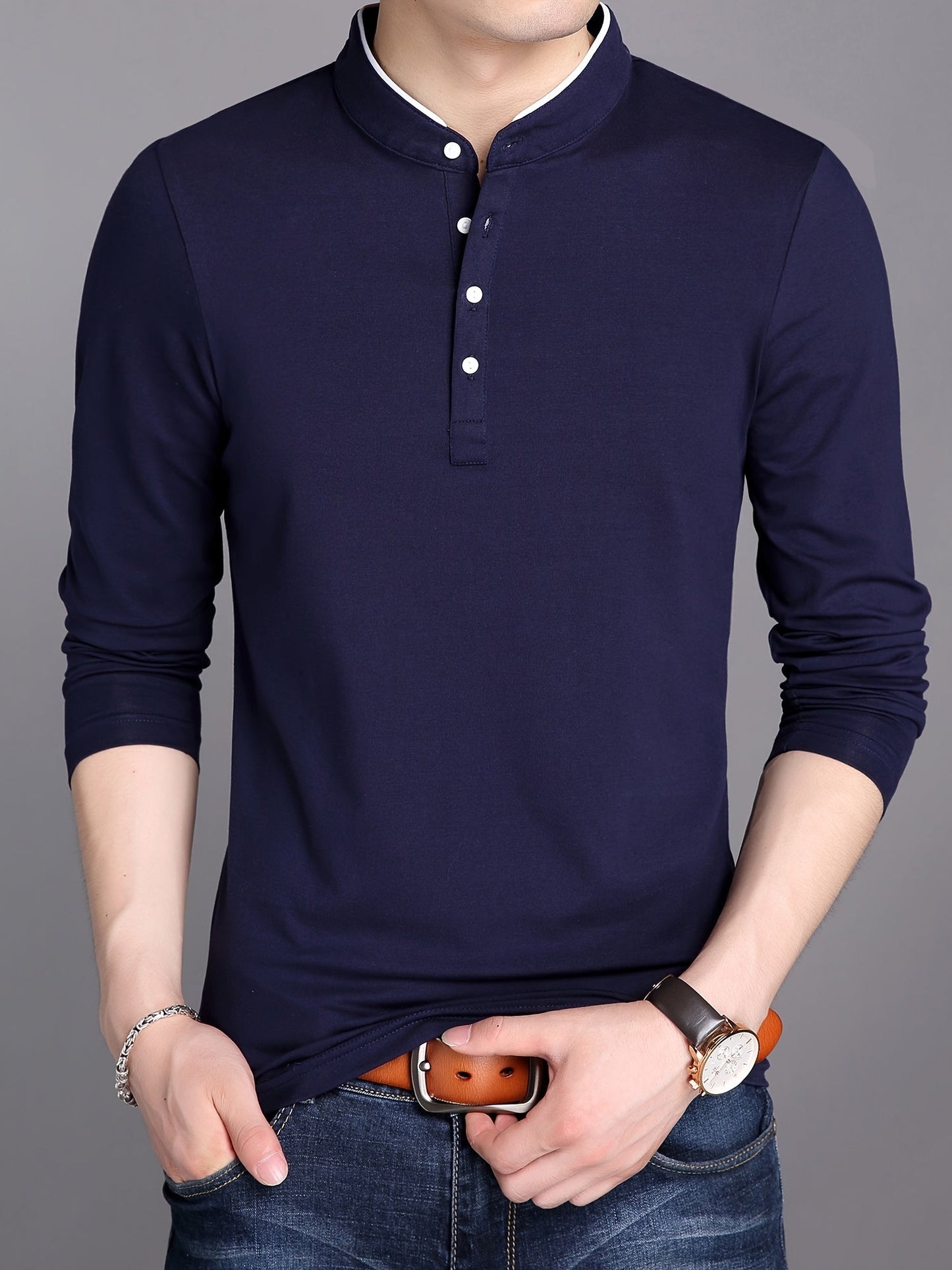 Herren Langarm Poloshirt Stehkragen Henley Stil