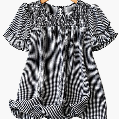 Damska bluzka elegancka w kropki z marszczeniem, krótki rękaw, letnia moda casualowa