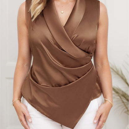 Blouse portefeuille élégante pour femme, sans manches, asymétrique, pour bureau et loisirs