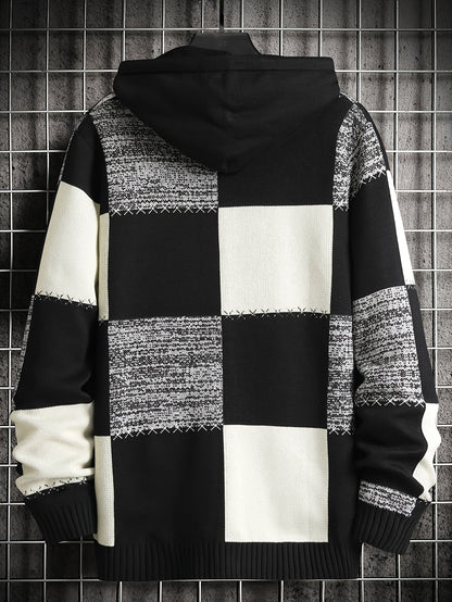 Herren Strick Hoodie Patchwork Design Langarm Herrenpullover
