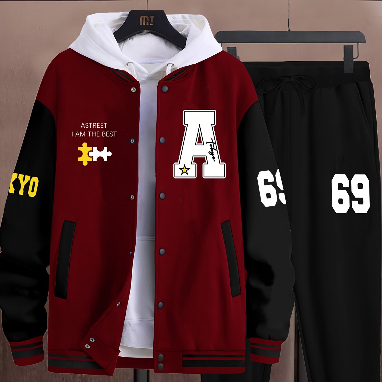Heren-trainingspak voor honkbal – jack en joggingbroek met applicaties in collegestijl