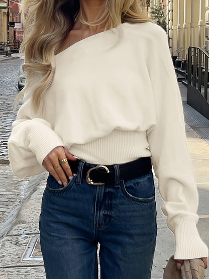 Damen Strickpullover Off-Shoulder Weiß Langarm Rippstrickbund