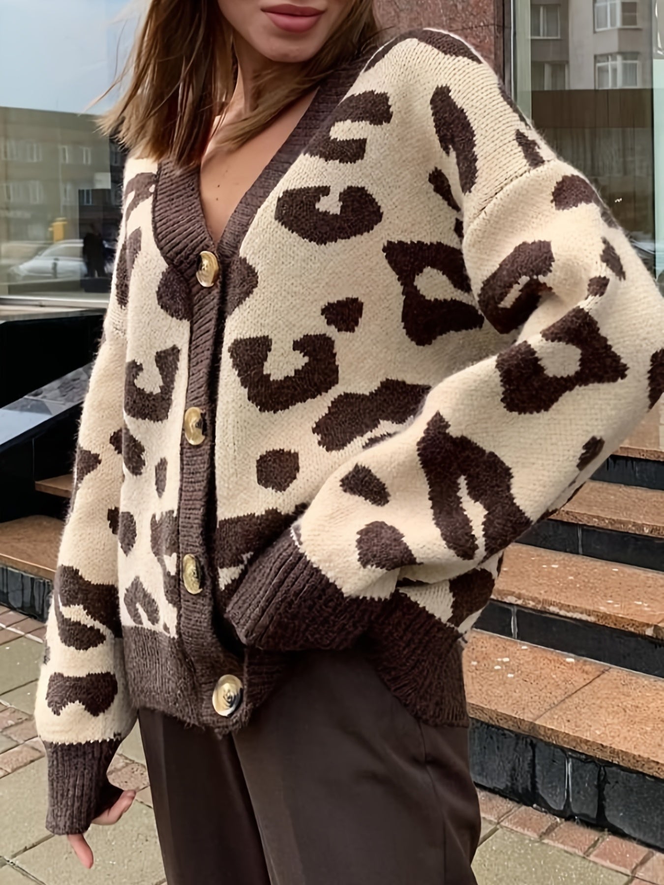 Damen Cardigan V-Ausschnitt Strickjacke Animal-Print Beige Braun