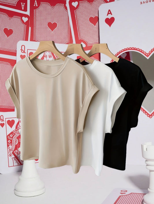 Damen Basic T-Shirt mit Umschlagärmeln – Casual Style für Alltag und Freizeit