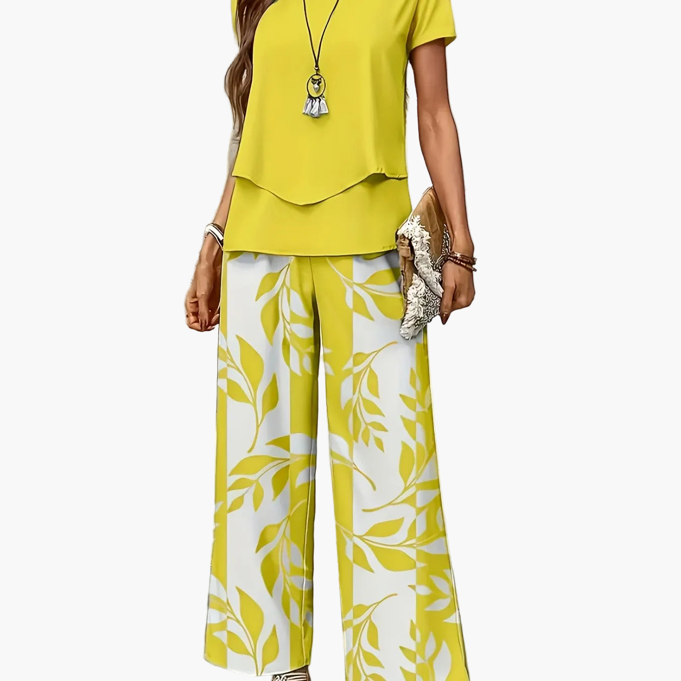 Damen Elegantes Sommer-Set mit Kurzarm-Shirt und weiter Hose, Freizeit-Outfit, Modernes Muster