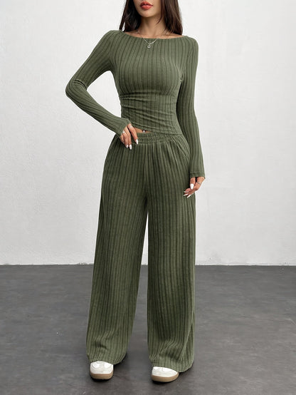 Completo loungewear a coste da donna, top corto a maniche lunghe e pantaloni ampi, grigio