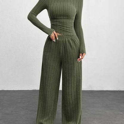 Completo loungewear a coste da donna, top corto a maniche lunghe e pantaloni ampi, grigio