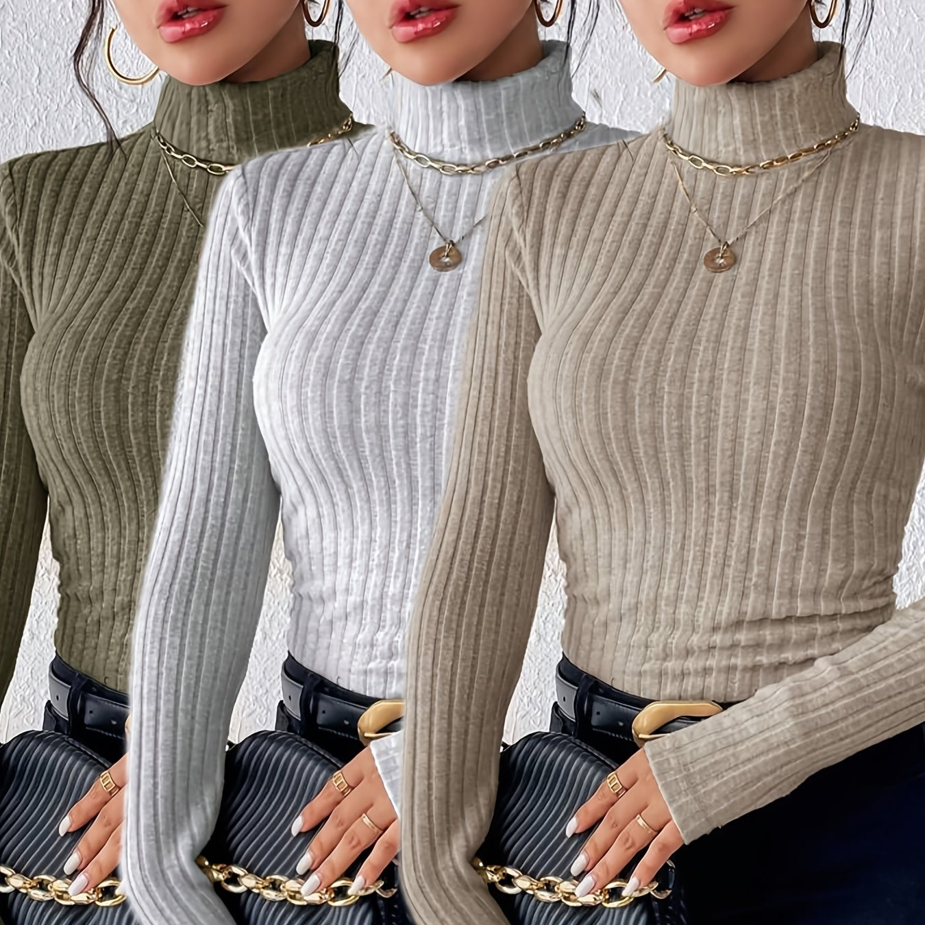 Geripptes Damen Rollkragen Langarmshirt Eng Anliegend