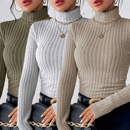 Geripptes Damen Rollkragen Langarmshirt Eng Anliegend