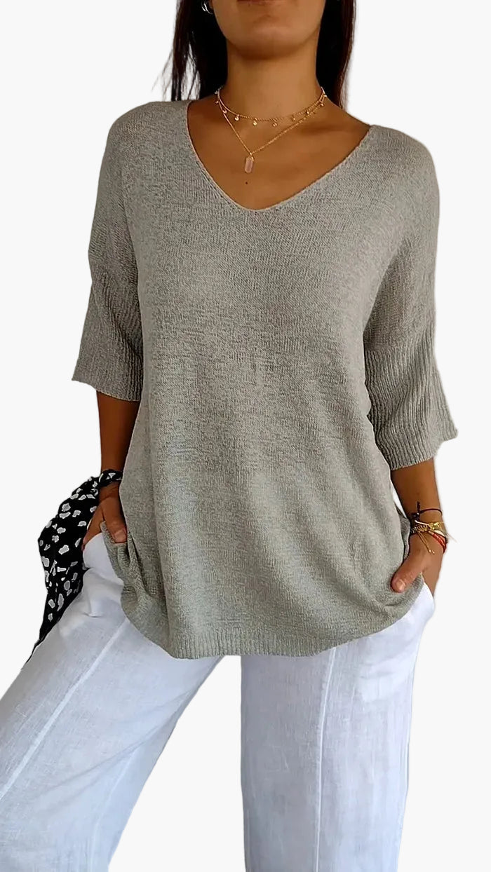 Top en maille femme avec décolleté en V – T-shirt décontracté ample pour le quotidien et les vacances